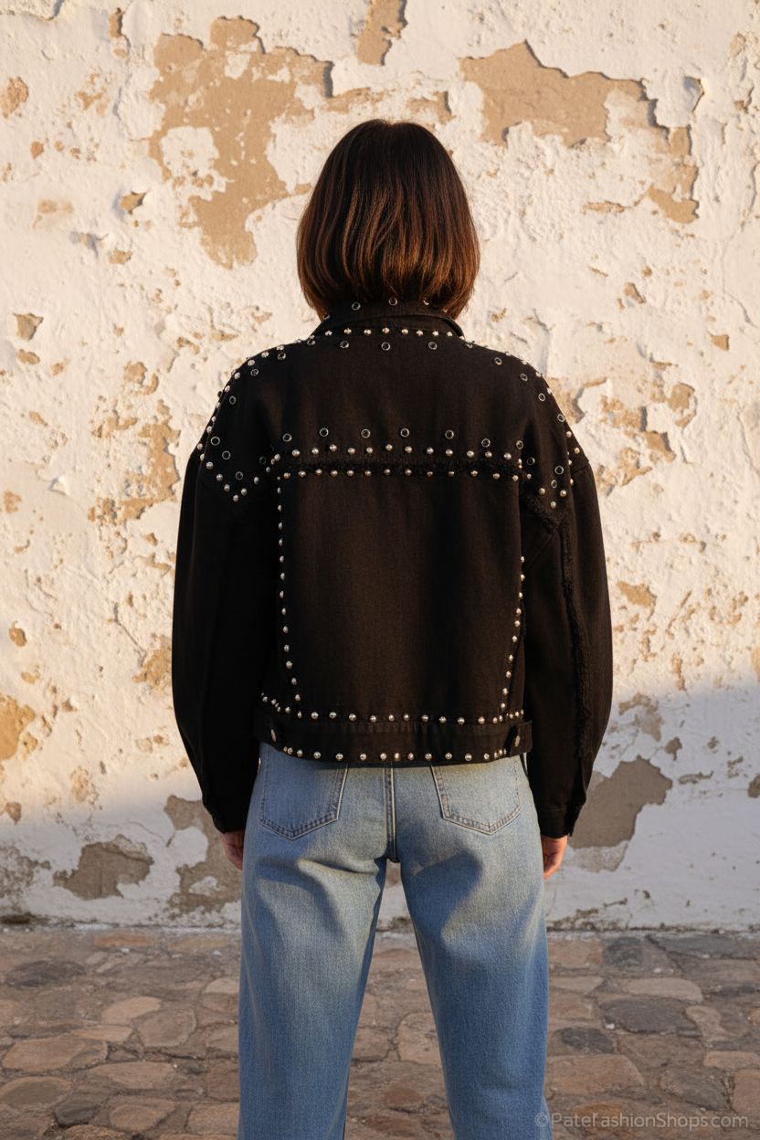Schwarze Nieten-Jeansjacke – Rücken