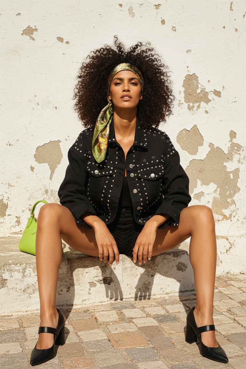 Schwarze Nieten Jeansjacke Oversize