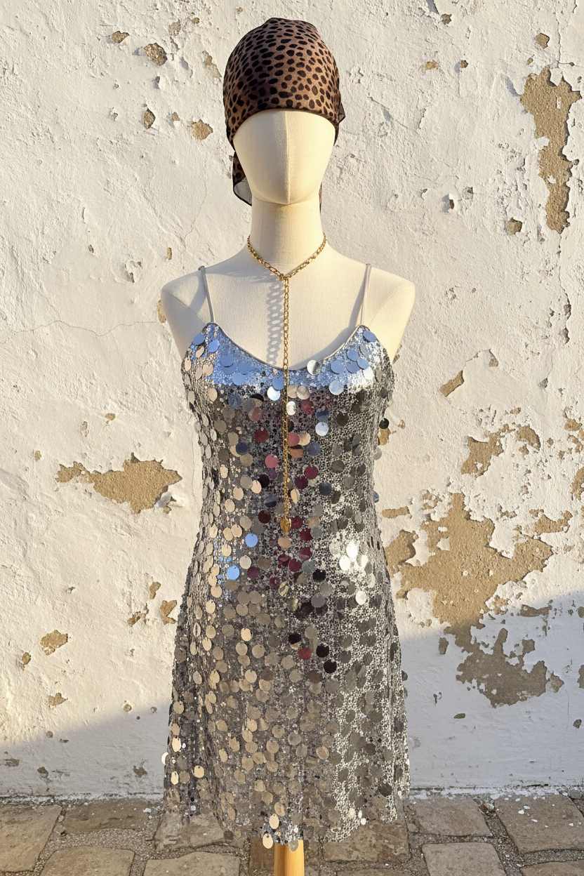 Paillettenkleid Frontansicht mediterrane Wand