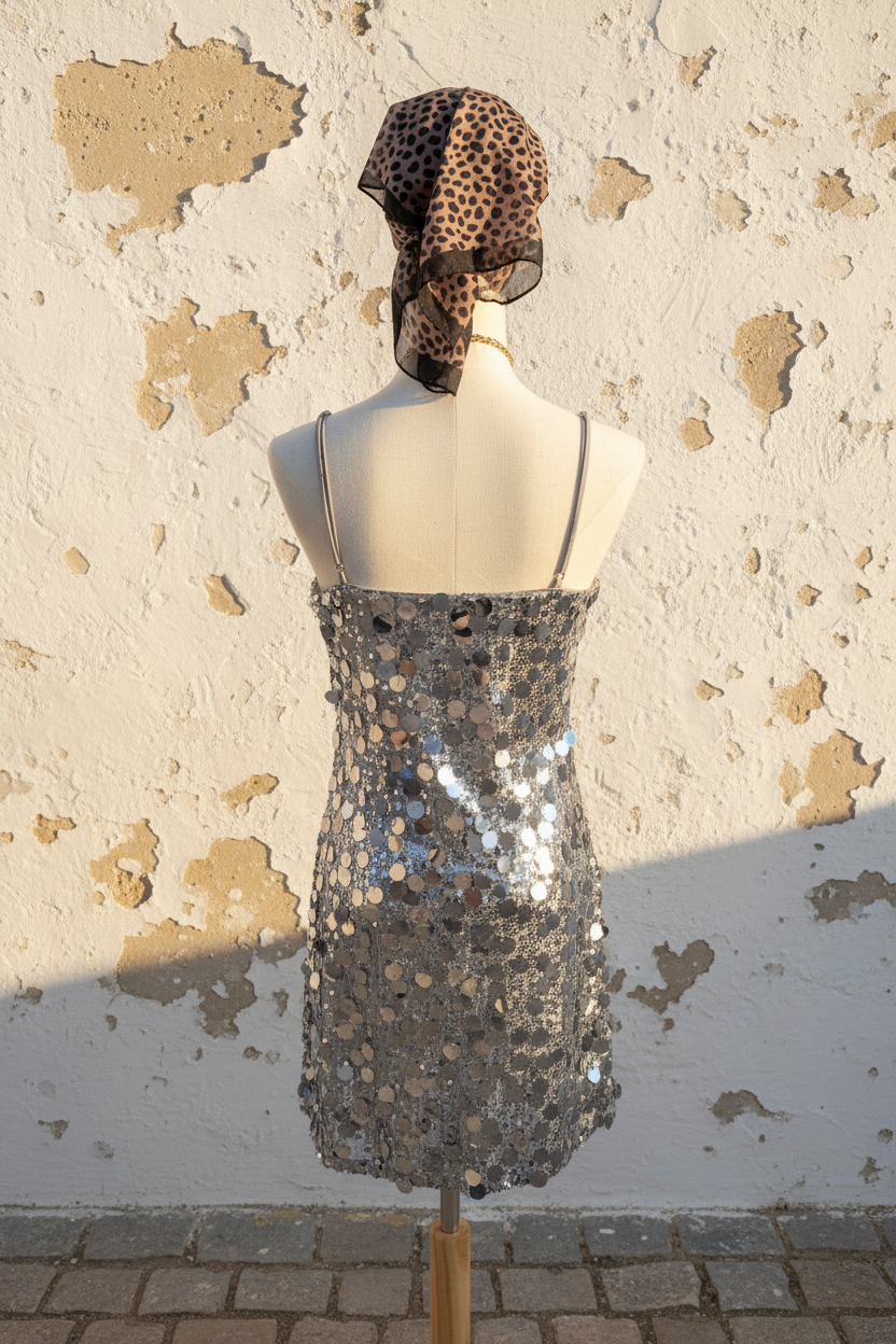 Paillettenkleid mediterrane Wand