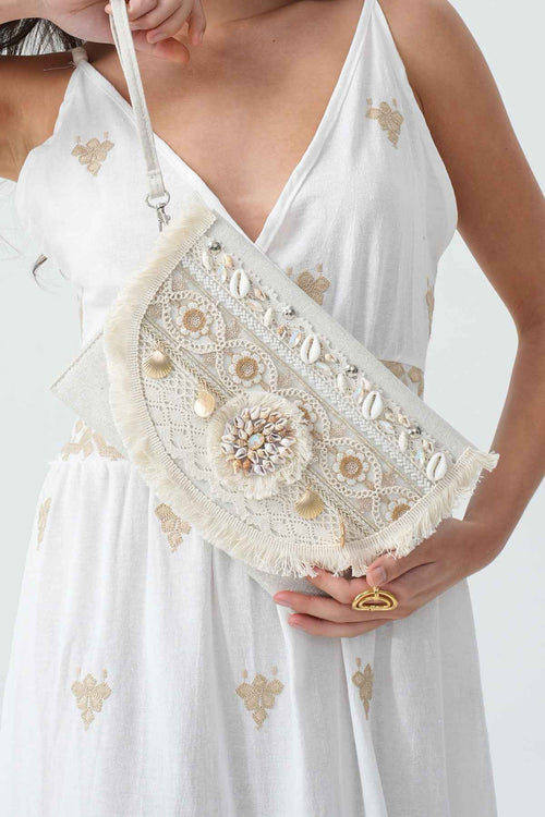Boho Clutch – Ibiza Shell mit Muscheln & Spitze