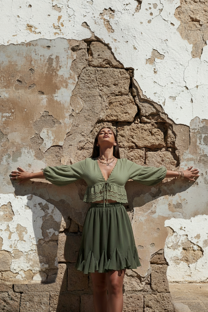 Boho Bluse Khaki Pose Arme offen