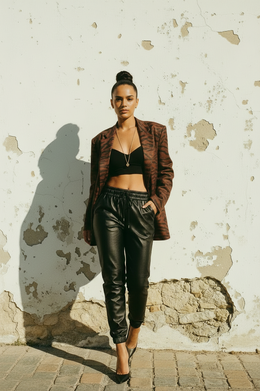 Kunstleder Jogger Hose Schwarz Gefüttert – LACLARA mediterrane Mode