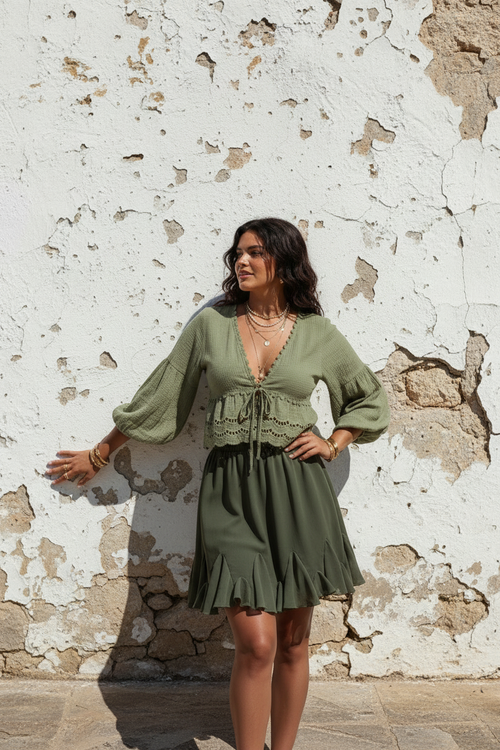 Boho Bluse Khaki Pose Hand auf Hufte