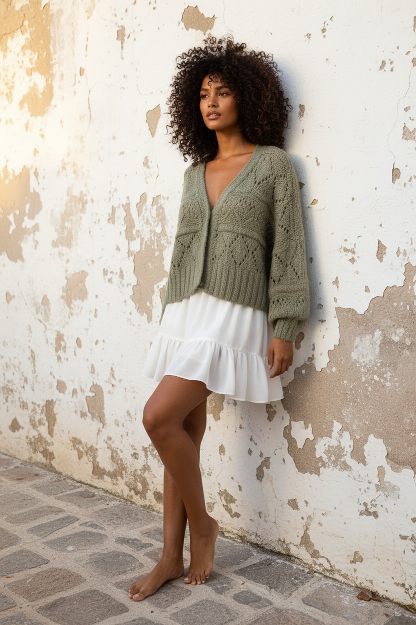 Strickjacke mit Lochmuster in Khaki – am Model mit Chiffon-Rock