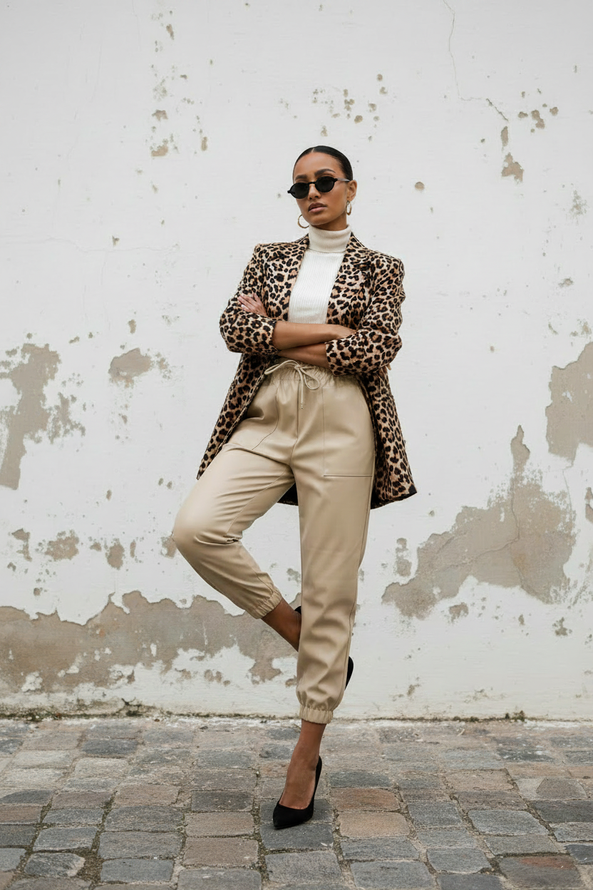 Kunstleder Jogger Hose Beige