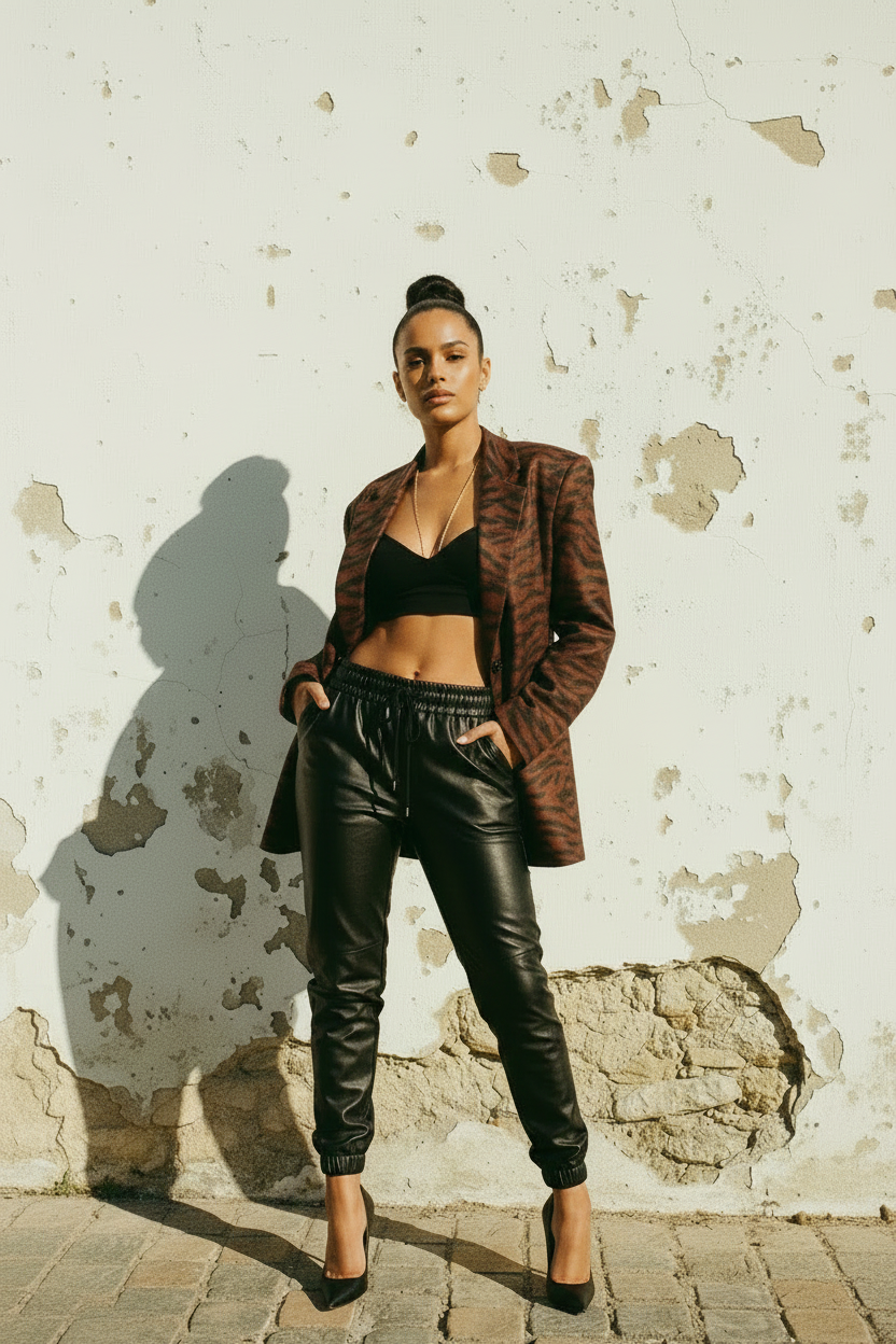Kunstleder Jogger Hose Schwarz Gefüttert – LACLARA mediterrane Mode