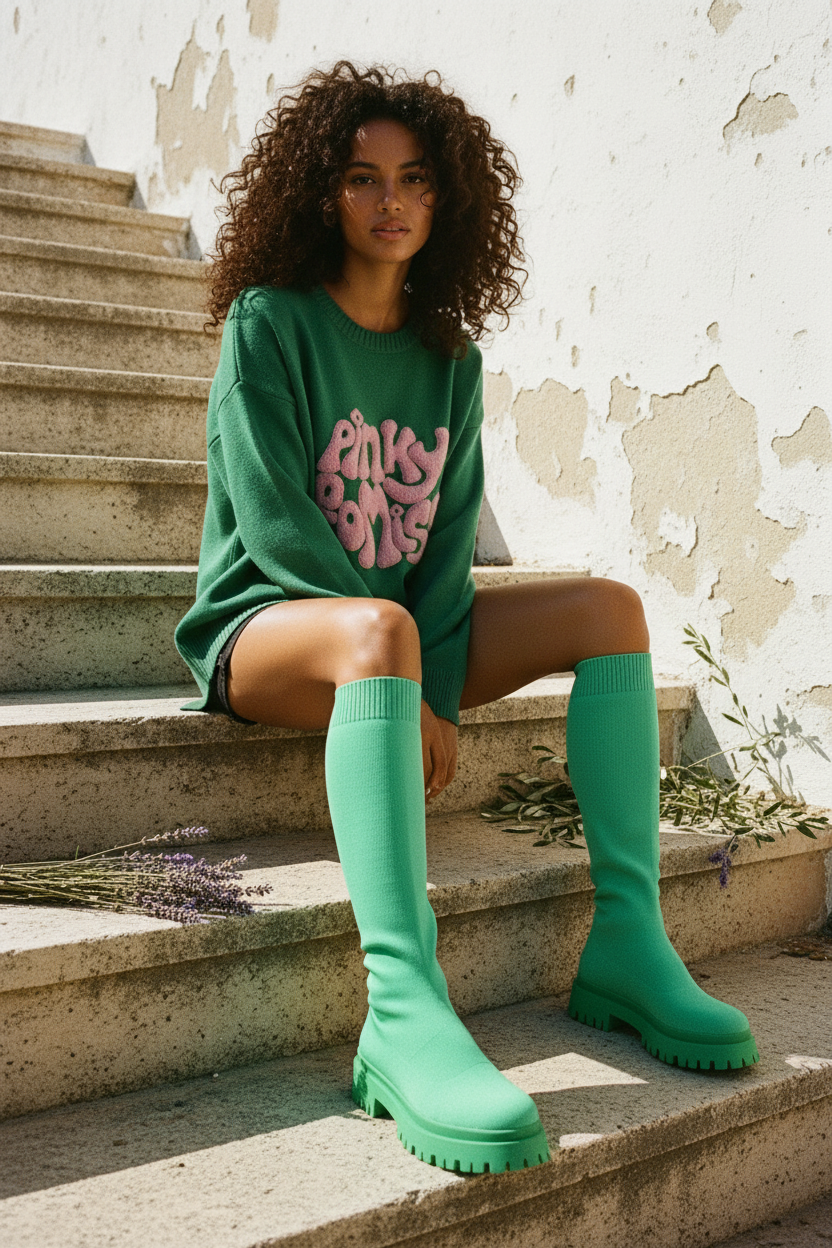 Sock Boots Grün – Kniehohe Stiefel – LACLARA mediterrane Mode