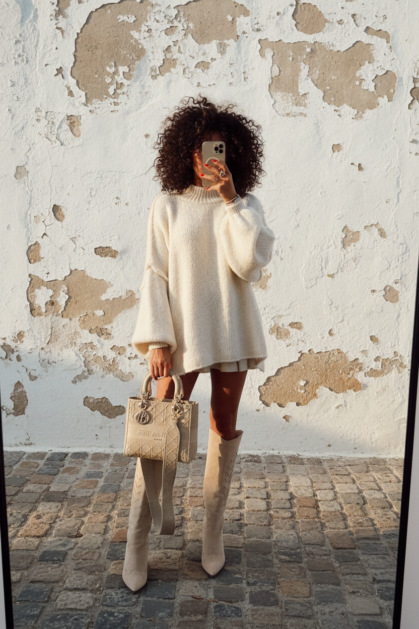 Kuscheliger Oversized Wollpullover Creme – Front mediterran