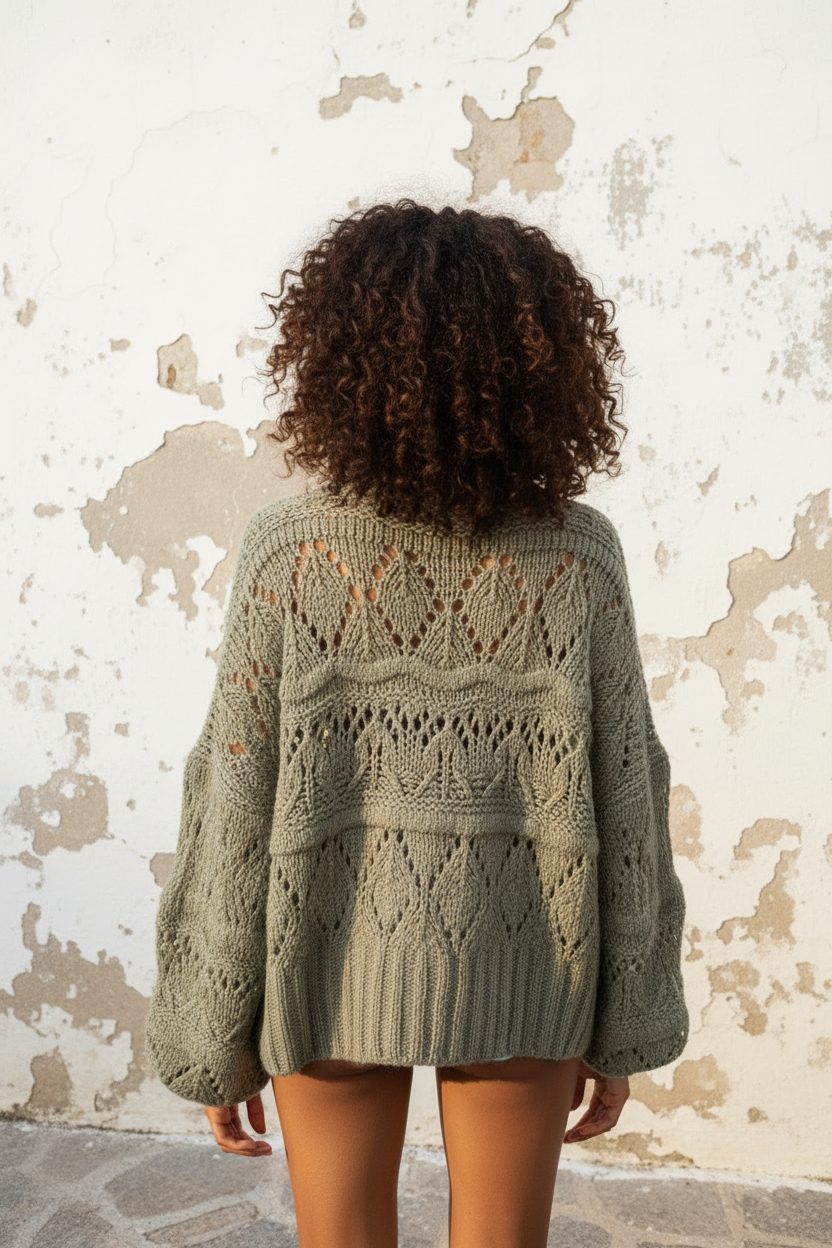 Strickjacke Boho mit Lochmuster in Khaki – LACLARA mediterrane Mode