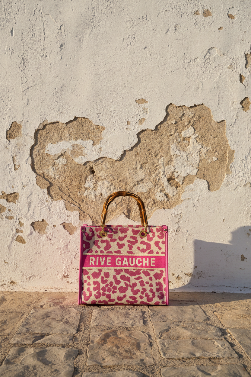Rive Gauche Tasche mit Leopardenprint in Fuchsia und Bambusgriffen, vor verwitterter Wand