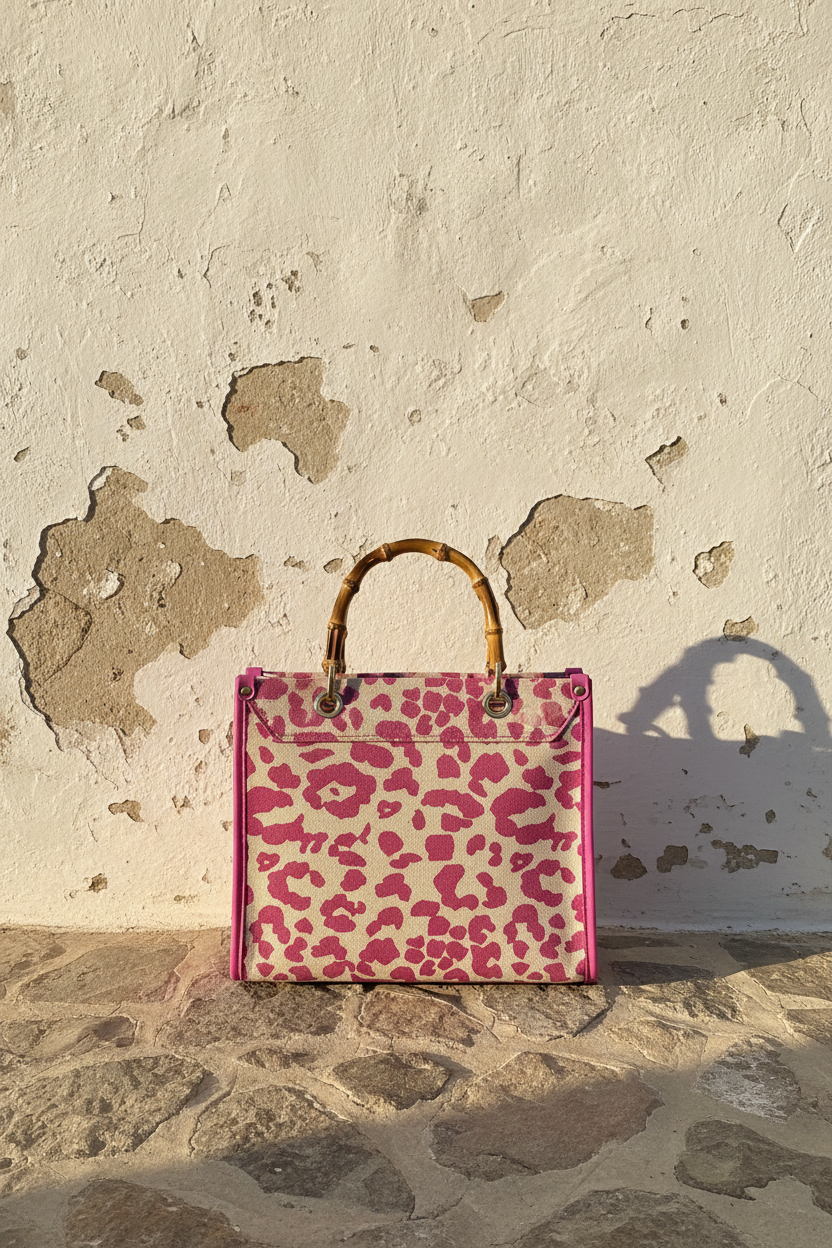 Rive Gauche Tasche – Leopard Fuchsia mit Bambusgriffen – LACLARA mediterrane Mode