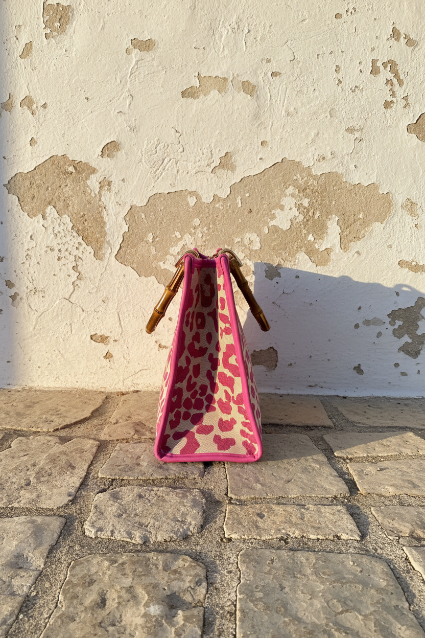 Rive Gauche Tasche – Leopard Fuchsia mit Bambusgriffen – LACLARA mediterrane Mode