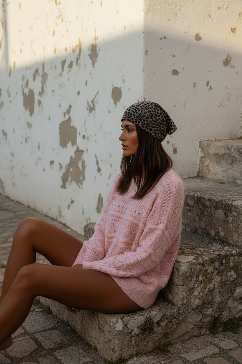 Rosa Strickpullover Model sitzend