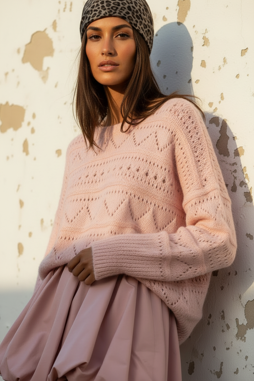 Rosa Strickpullover Outfit Nahaufnahme