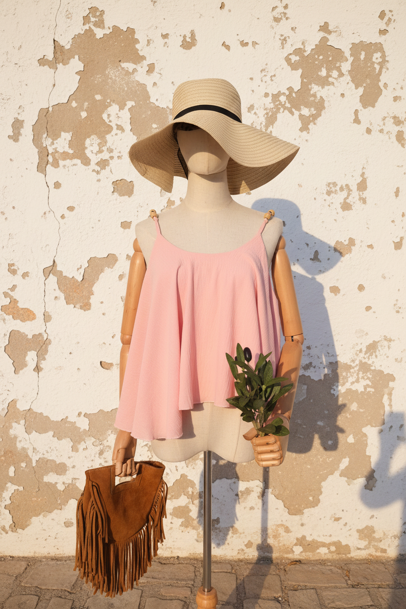 Sommer Top Sunday Mood Rosa – Mannequin Front mediterrane Wand