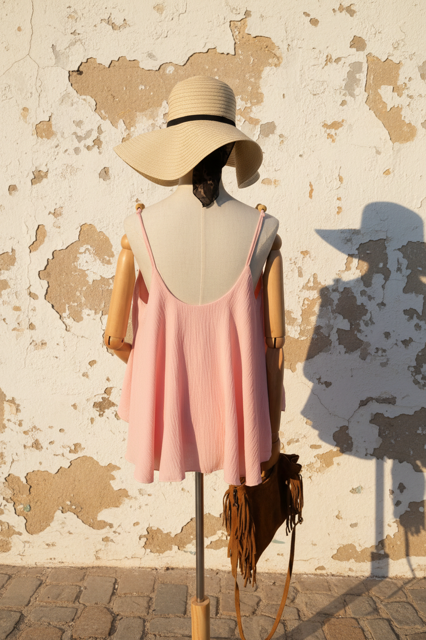 Sommer Top Sunday Mood Rosa – Mannequin Rückansicht mediterrane Wand