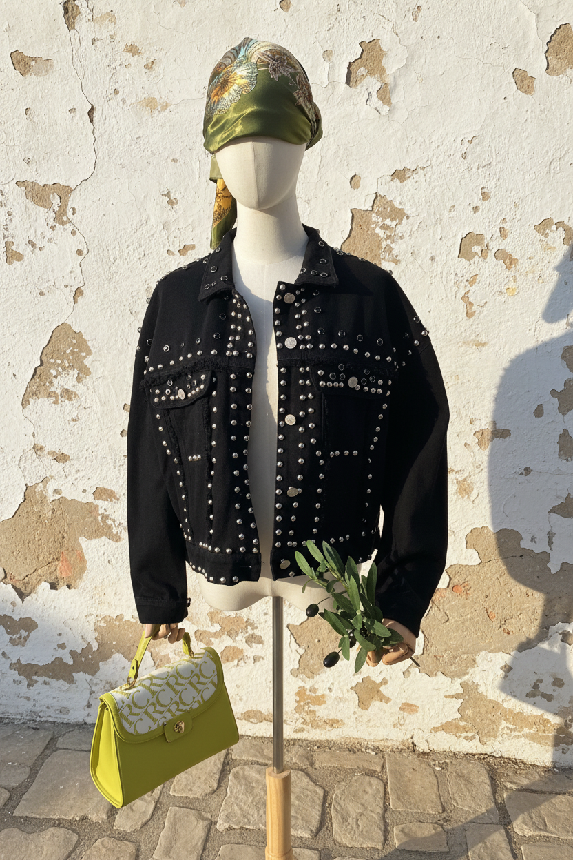 Schwarze Nieten-Jeansjacke – mediterraner Hintergrund