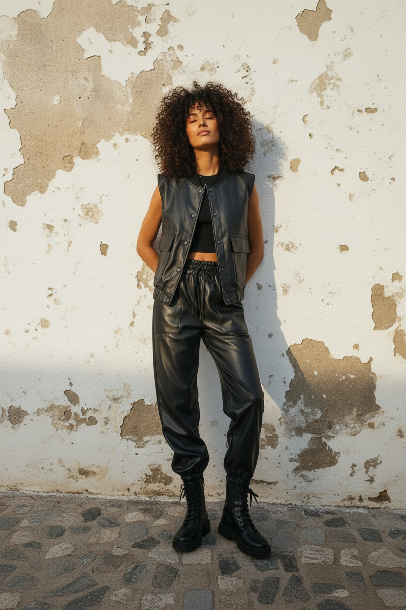 Kunstleder Jogger Hose Schwarz - Set-Look mit Weste, Sonnenlicht