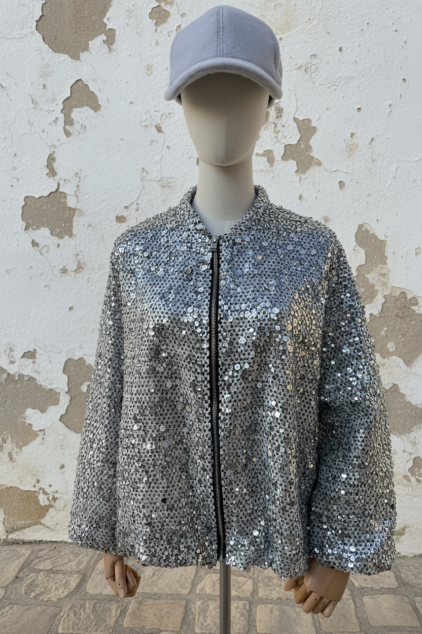Silber Pailletten Bomberjacke – LACLARA mediterrane Mode