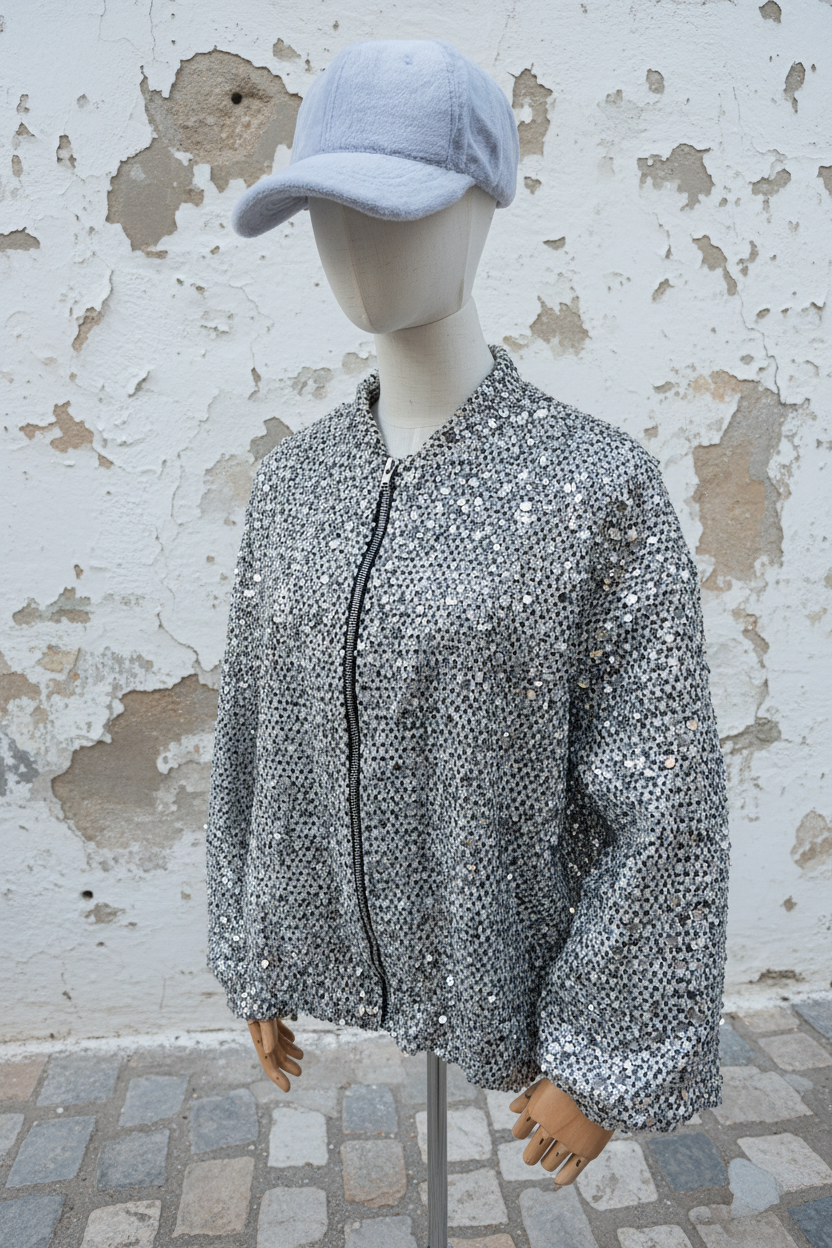 Silber Pailletten Bomberjacke – LACLARA mediterrane Mode