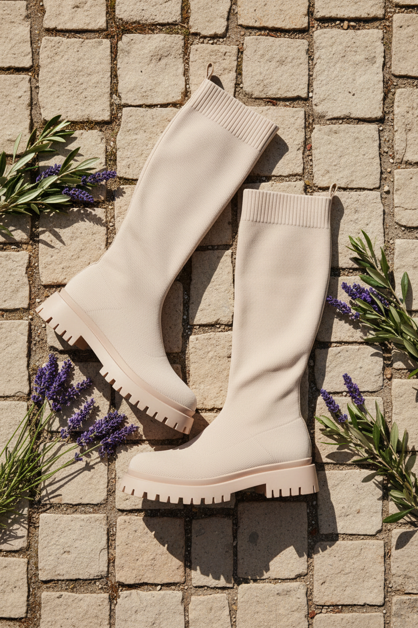Beige Sock Boots Flat Lay auf Kopfsteinpflaster mit Lavendel und Olivenzweigen