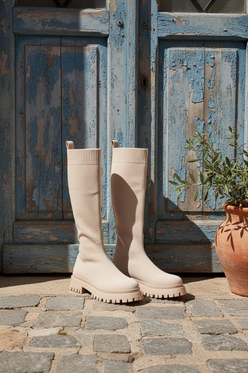 Sock Boots Beige – Kniehohe Stiefel – LACLARA mediterrane Mode