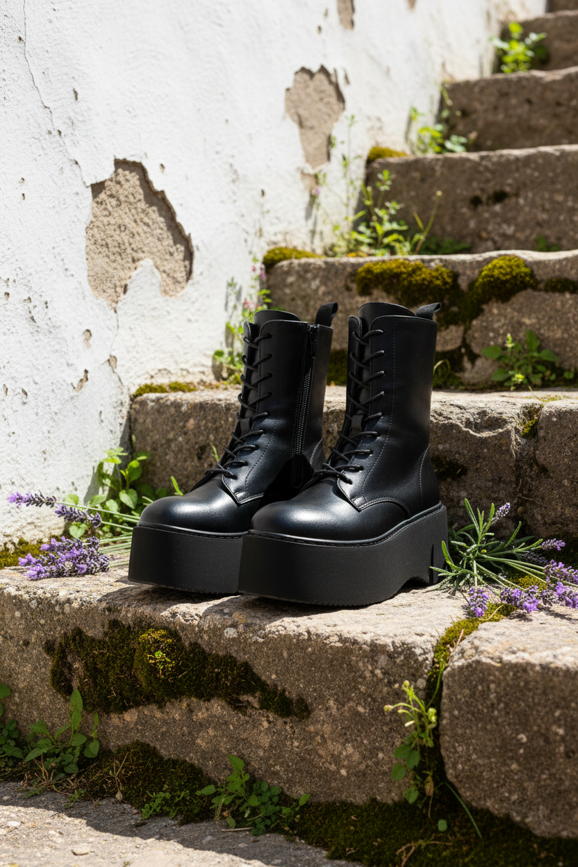 Platform Combat Boots auf mediterraner Steintreppe mit Lavendel