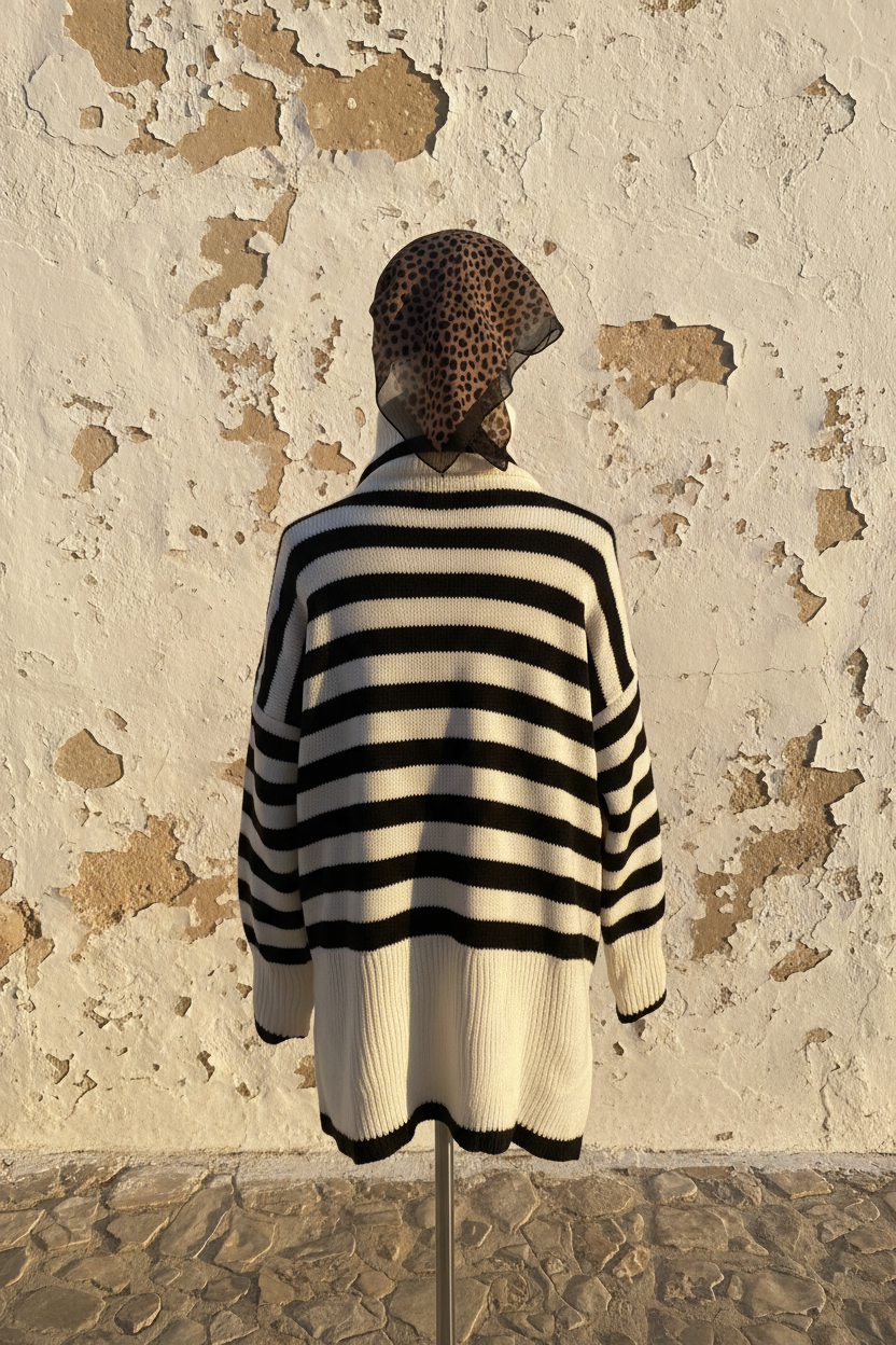 Oversized Streifenpullover – Rückenansicht Mannequin