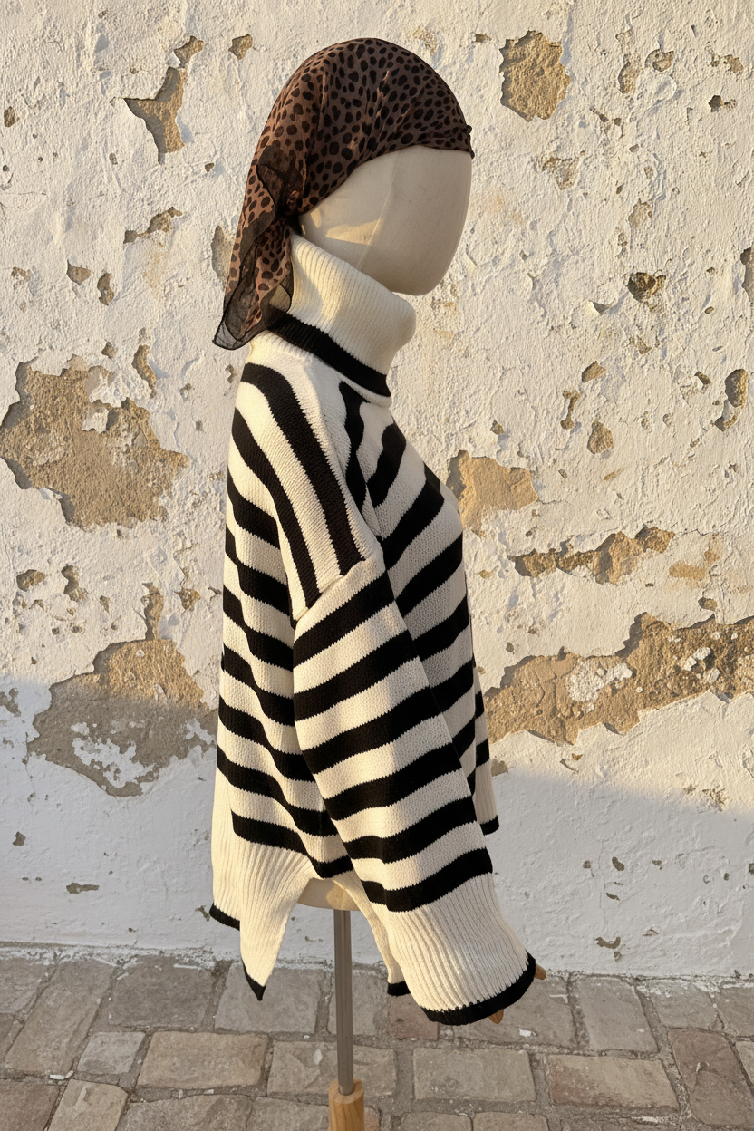 Oversized Streifenpullover – Seitenansicht Mannequin