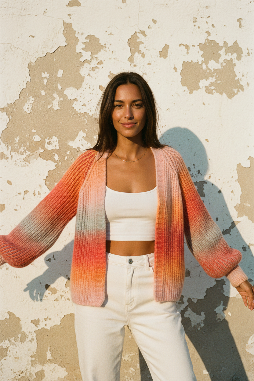 Venus Oversized Cardigan Sunset – Model Arme offen mediterrane Wand