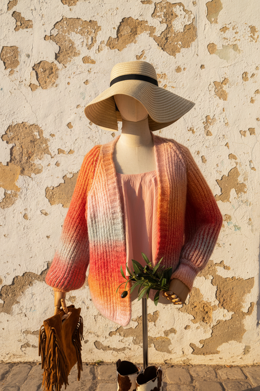 Venus Oversized Cardigan Sunset – Mannequin Front mediterrane Wand