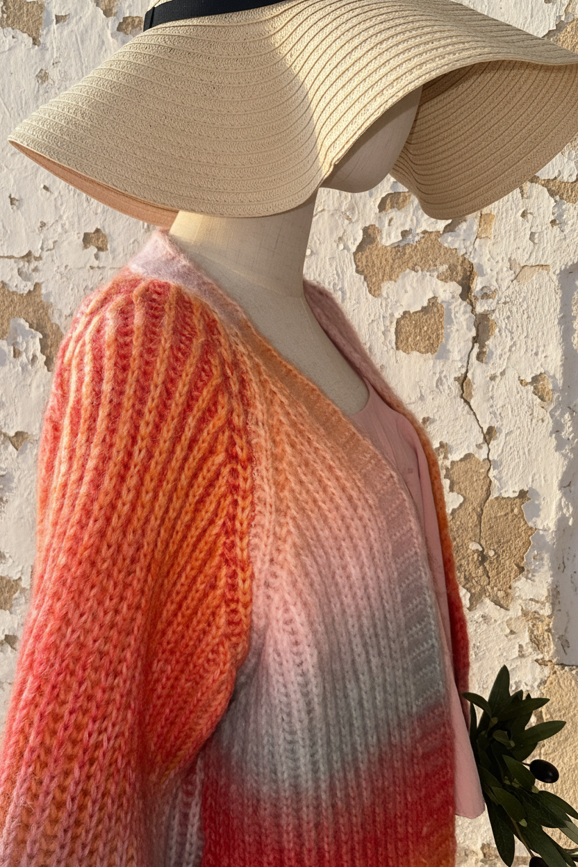 Venus Oversized Cardigan Sunset – Nahaufnahme Front mediterrane Wand