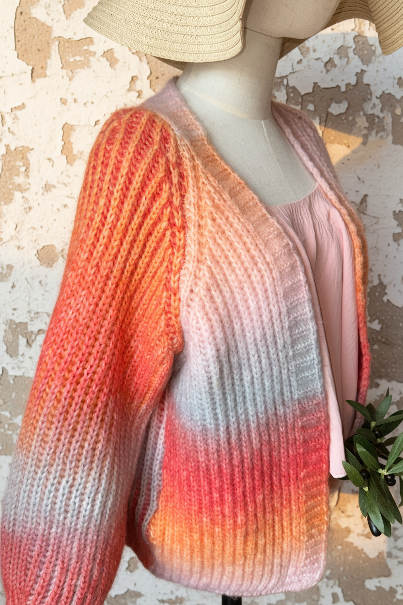 Venus Oversized Cardigan Sunset – Ärmel Nahaufnahme mediterrane Wand
