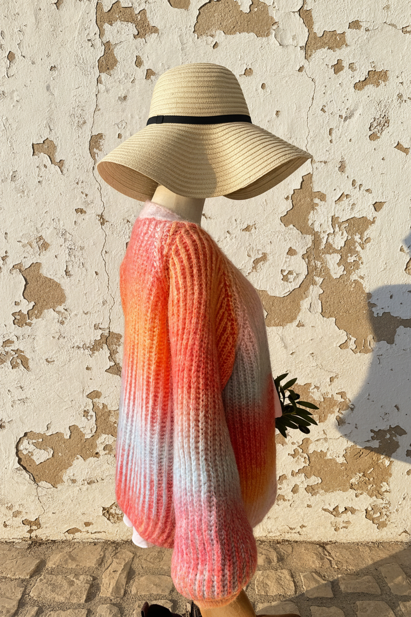 Venus Oversized Cardigan Sunset – Seite Full Body mediterrane Wand
