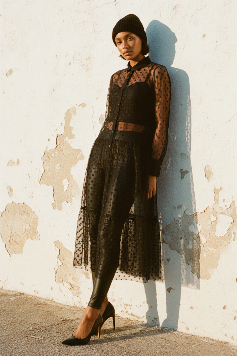 Schwarzes Tüllkleid mit Punkten & Knopfleiste – LACLARA mediterrane Mode