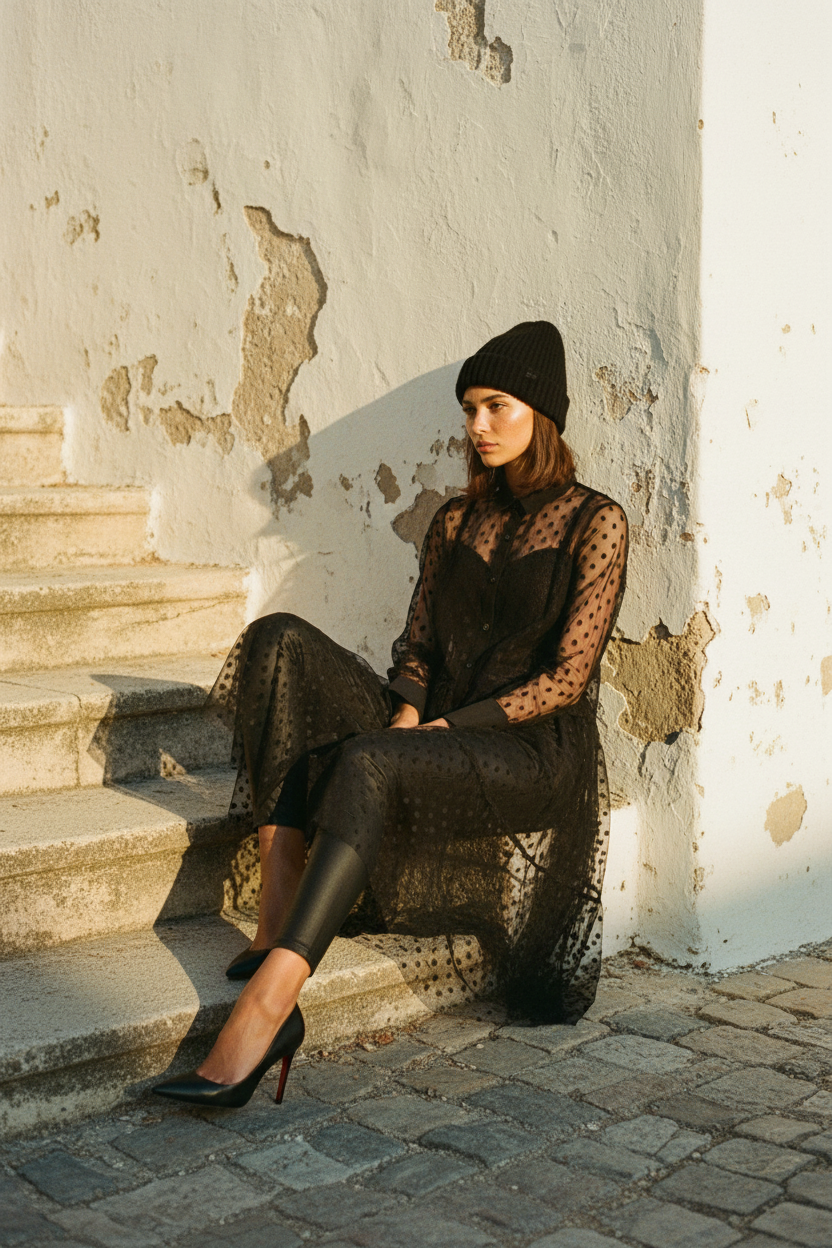 Schwarzes Tüllkleid mit Punkten & Knopfleiste – LACLARA mediterrane Mode