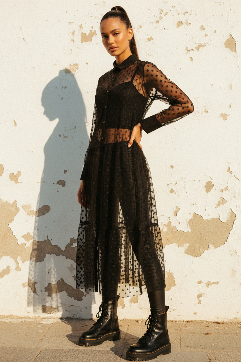 Schwarzes Tüllkleid mit Punkten & Knopfleiste – LACLARA mediterrane Mode