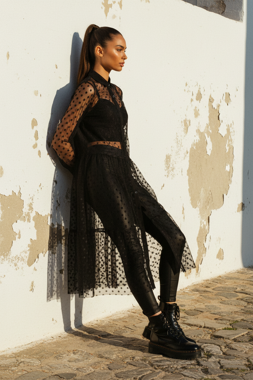 Schwarzes Tüllkleid mit Punkten & Knopfleiste – LACLARA mediterrane Mode