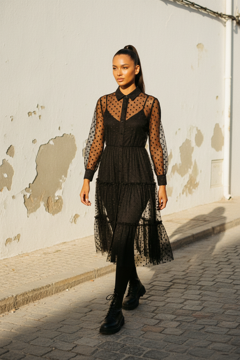 Schwarzes Tüllkleid mit Punkten & Knopfleiste – LACLARA mediterrane Mode
