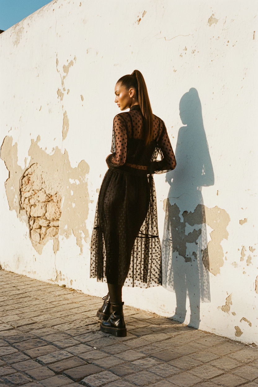 Schwarzes Tüllkleid mit Punkten & Knopfleiste – LACLARA mediterrane Mode