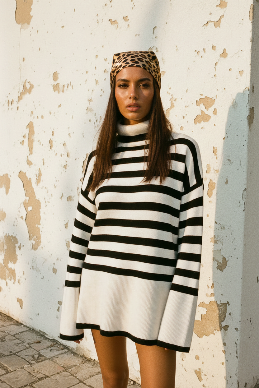 Oversized Streifenpullover – Model Close-up mit Kopftuch