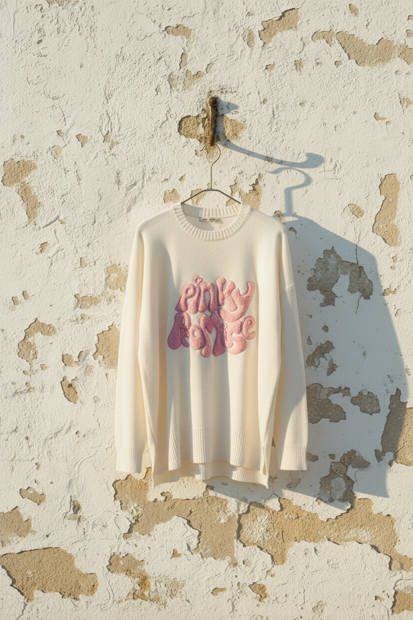 Oversized Pullover Pinky Promise Weiß – Eisenbügel mediterrane Wand