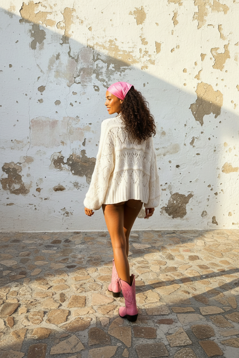 Strickjacke Boho Weiß – Rücken rosa 2