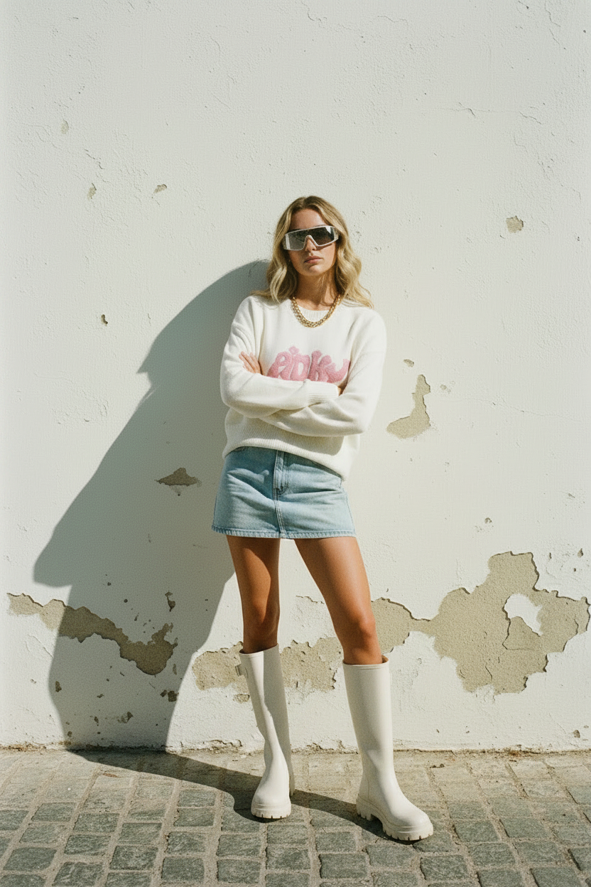 Oversized Pullover Pinky Promise Weiß – Edgy weiße Stiefel